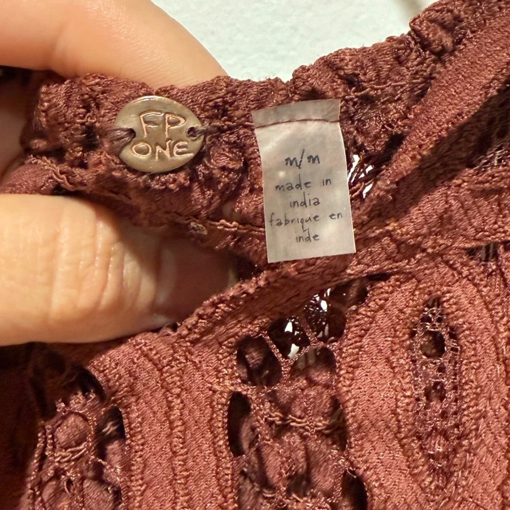 Free People FP One Adella Slip Dress Brown Lace Boho Ruffle Mini Dress Medium M